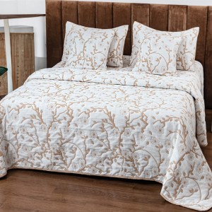 Cuvertură Pat Dublu, Bumbac cu In, Model Brodat Direct în Tesătură, 230x250 cm, 2 fete de perna 52x72cm, 2 fete de perna 46x46cm, Alb, Bej, Crengute