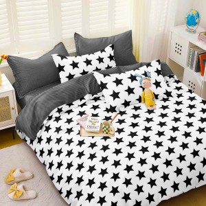 Lenjerie pat dublu, bumbac satinat,  cu elastic, Alb, Negru, stelute