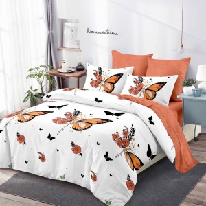 Lenjerie pat dublu,  FINET, cu elastic, 6 piese, Alb, Cărămiziu, Fluturi