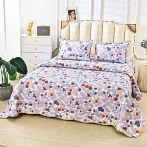 Cuvertură Matlasată din Bumbac Satinat, cu Bordură în Valuri (220x230 cm) + 2 Fețe de Pernă (60x80 cm), Alb, Lila, Flori