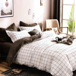 Lenjerie pat dublu, bumbac satinat, cu doua feţe, 4 piese,  Gri, Alb, Dungi