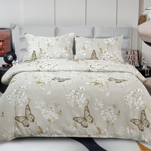 Lenjerie pat dublu, bumbac satinat,  Cearșaf cu ELASTIC 180x200cm, 4 PIESE, Bej, Flori si Fluturi