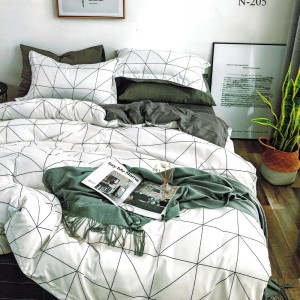 Lenjerie pat dublu, bumbac satinat, cu doua feţe, 4 piese,  Alb, Gri, dungi, forme geometrice