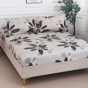 Cearșaf cu Elastic 180x200 cm + 2 Fețe de Pernă 50x70 cm, Gri, Frunze