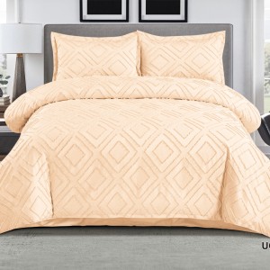 Lenjerie de Pat Premium, Bumbac Finet, Smocuri Brodate, 4 Piese, Nesifonabilă și Durabilă, Geometry, Bej deschis