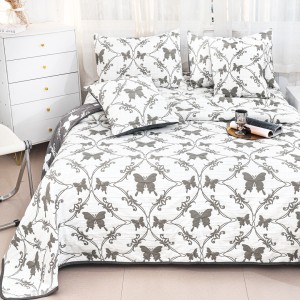 Cuvertură Pat Dublu, Bumbac cu In, Model Brodat Direct în Tesătură, 230x250 cm, 2 fete de perna 52x72cm, 2 fete de perna 46x46cm, Alb, Gri, Fluturi