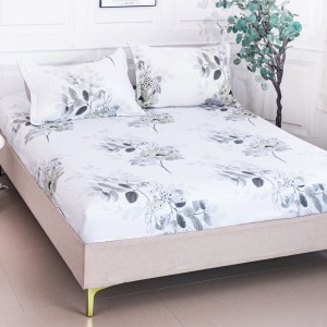 Cearșaf cu Elastic 180x200 cm + 2 Fețe de Pernă 50x70 cm, Alb, Frunze Gri cu Floricele