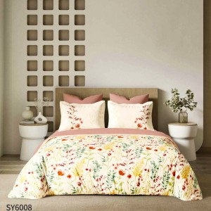 Lenjerie pat dublu,  FINET, Imprimeu Digital, cu ELASTIC, Crem, Roz, Flori