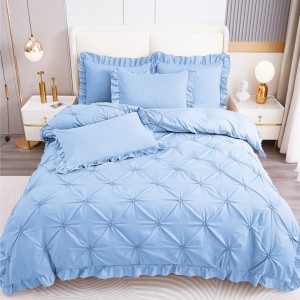 Lenjerie de Pat Premium, Bumbac Finet, Pliuri Brodate cu Volanase, 4 Piese, Nesifonabilă și Durabilă, Bleu