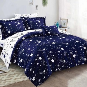 Lenjerie pat dublu, bumbac satinat, cu doua feţe, 4 piese,  Bleumarin, Alb, ploaie de stele