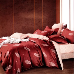 Lenjerie pat dublu, bumbac satinat, cu doua feţe, 4 piese, Grena, Roz, Pene, Buline