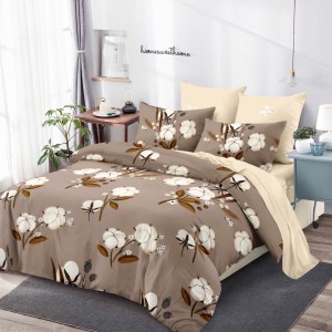 Lenjerie pat dublu,  FINET, cu elastic, 6 piese, Bej, Crem, Flori