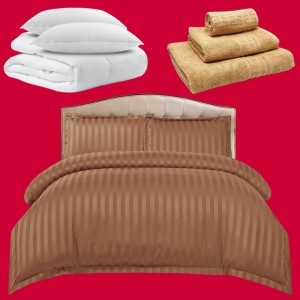 Pachetul Hotel EXPERIENCE: Lenjerie Pat Dublu, 4 piese din Damasc Finetat + Pilota 200x230cm + 2 Perne 50x70cm + 3 Prosoape din Bumbac, AT-031