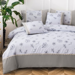 Lenjerie Pat Dublu,  Finet Satinat, CEARSAF CU ELASTIC, 6 piese, Gri, Flori