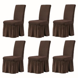 Set 6 Huse Elastice si Creponate Cu Volanase pentru Scaune, maro inchis Set 6 Huse Elastice si Creponate Cu Volanase pentru Scaune, maro inchis