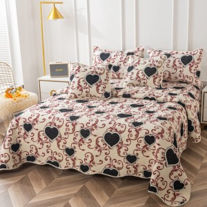 Cuvertură Pat Dublu, Bumbac Matlasat, 230x250 cm, 2 fete de perna 60x80cm, 2 fete de perna 55x55cm, Bej, Negru, Inimioare