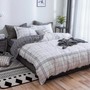 Lenjerie pat dublu, bumbac satinat,  cu elastic, Gri, Alb, patratele