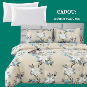 Lenjerie de Pat 4 Piese din Bumbac Satinat cu Cearșaf cu Elastic + 2 Perne Cadou 50x70 cm, cod INS-LSG169