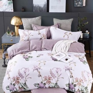 Lenjerie Pat Dublu,  FINET, 6 piese, Alb, Lila, flori