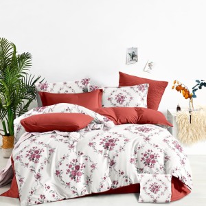 Lenjerie Pat Dublu,  FINET, 6 piese, Caramiziu, Alb, flori