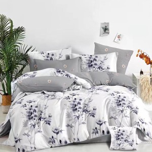 Lenjerie Pat Dublu,  FINET, 6 piese, Gri, Alb, flori