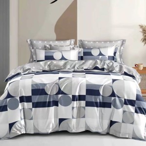 Lenjerie Pat Dublu,  FINET, 6 piese, Albastru, Gri, forme geometrice