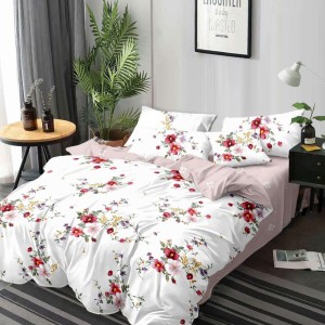 Lenjerie Pat Dublu,  FINET, 6 piese, Alb, flori