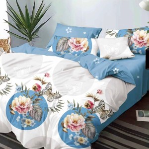 Lenjerie Pat Dublu,  FINET, 6 piese, Alb, Bleu, flori