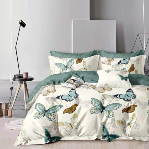 Lenjerie Pat Dublu,  FINET, 6 piese, Crem, Verde, fluturi