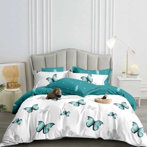 Lenjerie Pat Dublu,  FINET, 6 piese, Alb, Turcuaz, fluturi