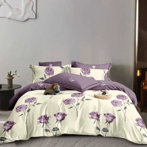 Lenjerie Pat Dublu,  FINET, 6 piese, Crem, Mov, flori