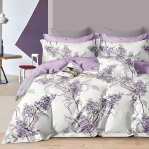 Lenjerie Pat Dublu,  FINET, 6 piese, Alb, Mov, flori