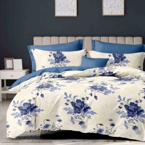 Lenjerie Pat Dublu,  FINET, 6 piese, Albastru, Crem, flori