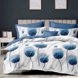 Lenjerie Pat Dublu,  FINET, 6 piese, Albastru, Alb, flori