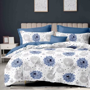 Lenjerie Pat Dublu,  FINET, 6 piese, Albastru, Alb, flori