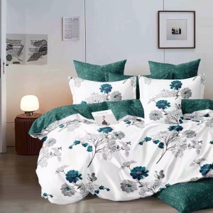 Lenjerie Pat Dublu,  FINET, 6 piese, Verde, Alb, flori