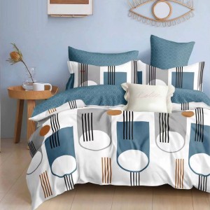 Lenjerie Pat Dublu,  FINET, 6 piese, Crem, Albastru, forme geometrice