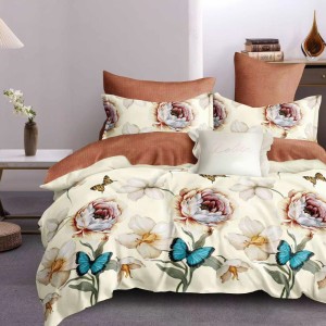 Lenjerie Pat Dublu,  FINET, 6 piese, Crem, fluturi, flori