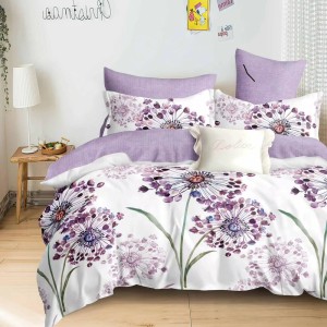 Lenjerie Pat Dublu,  FINET, 6 piese, Alb, Mov, flori