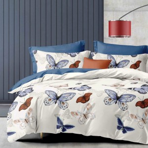 Lenjerie Pat Dublu,  FINET, 6 piese, Crem, Albastru, fluturi