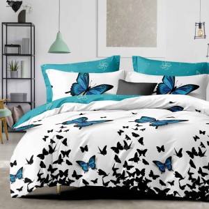 Lenjerie Pat Dublu,  FINET, 6 piese, Alb, Albastru, fluturi