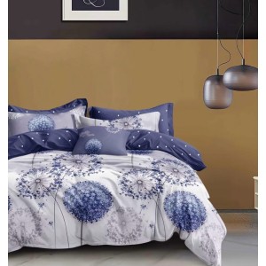 Lenjerie Pat Dublu,  FINET, 6 piese, Alb, Albastru, flori