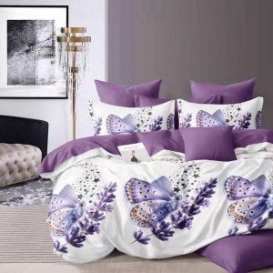 Lenjerie Pat Dublu,  FINET, 6 piese, Alb, Mov, flori, fluturi