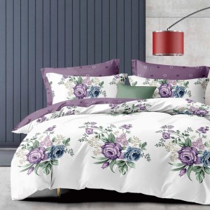 Lenjerie Pat Dublu,  FINET, 6 piese, Alb, Mov, flori
