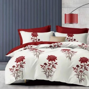 Lenjerie Pat Dublu,  FINET, 6 piese, Alb, Rosu, flori