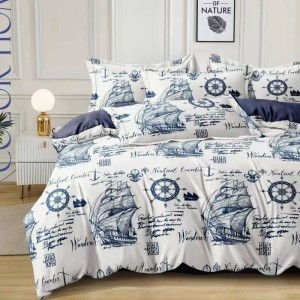 Lenjerie Pat Dublu,  FINET, 6 piese, Alb, Albastru, vapoare