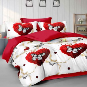 Lenjerie Pat Dublu,  FINET, 6 piese, Alb, Rosu, fluturi, inimioare
