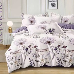 Lenjerie Pat Dublu,  FINET, 6 piese, Alb, Lila, flori