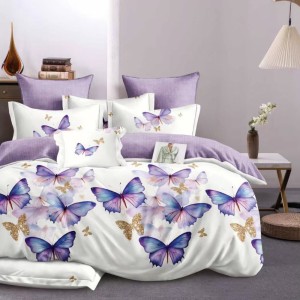 Lenjerie Pat Dublu,  FINET, 6 piese, Alb, Lila, fluturi