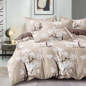 Lenjerie Pat Dublu,  FINET, 6 piese, Bej, crengute cu flori